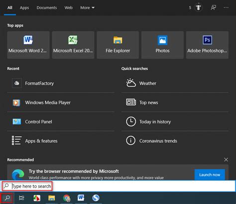 Windows 10 search bar recent activities